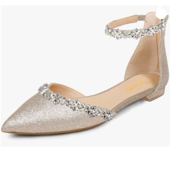 XYD Light Gold-glitter Pointed Toe Rhinestones Ankle Strap D'Orsay Sandals - Picture 1 of 8